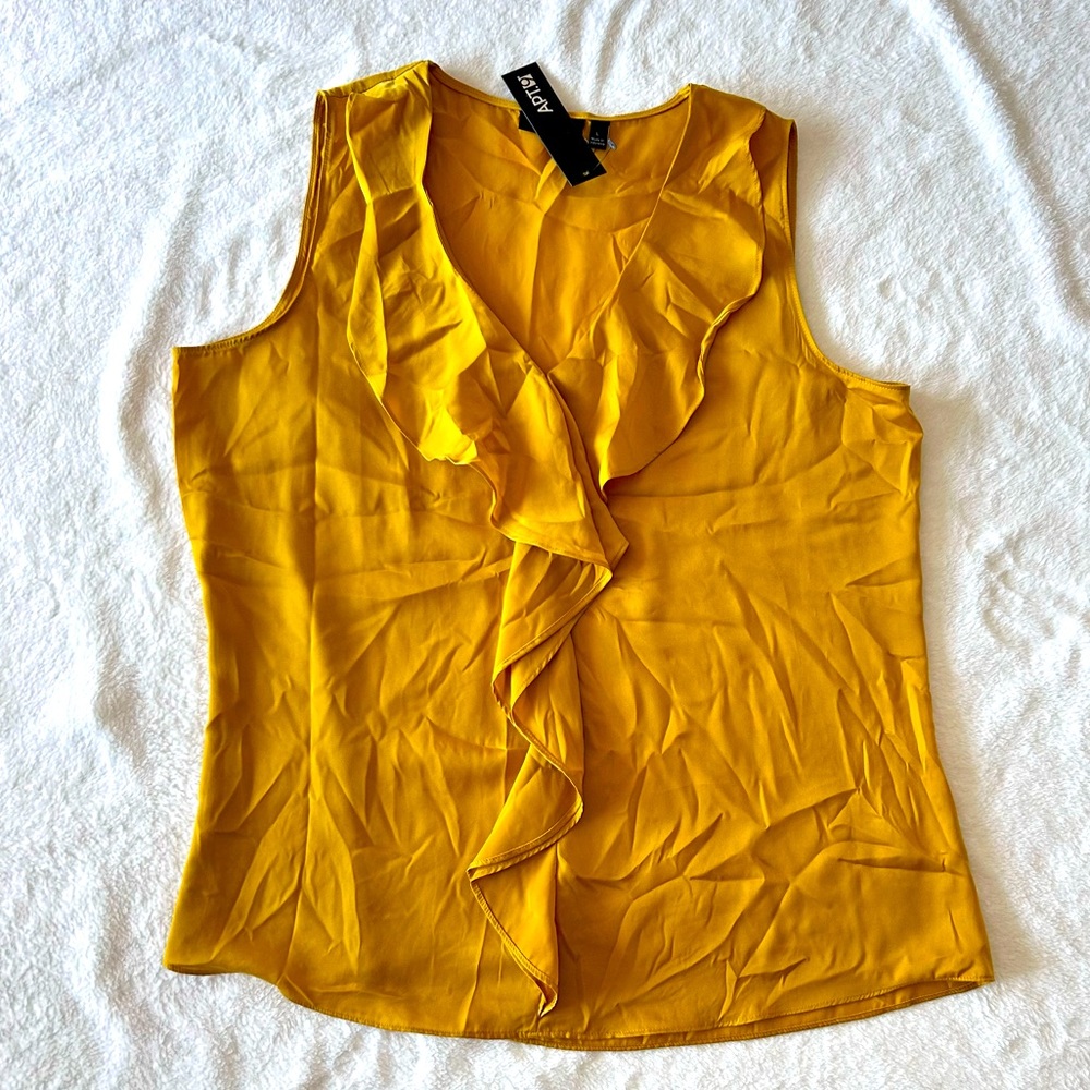 NWT Apt 9 Large Mustard Yellow Satin Ruffle Front Blouse Sleeveless V Neck Fall